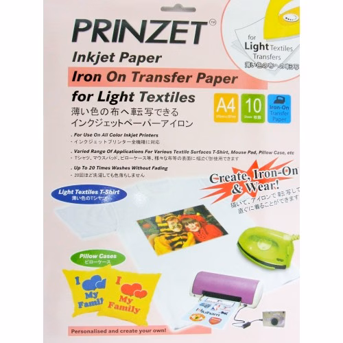 PRINZET A4 Iron-On Transfer Paper 130gsm for light textile 10 sheets per pack.