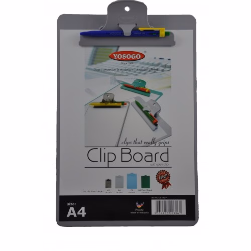 YOSOGO Clipboard Acrylic A4 Size with Pen Clip - Grey. Made of solid ABS plastic, wide-grip clip for securing paper with a pen holder.